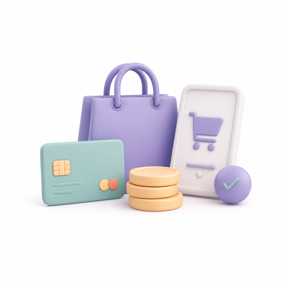 Shopping bag, payment card, coins, and mobile commerce screen in a soft 3D style