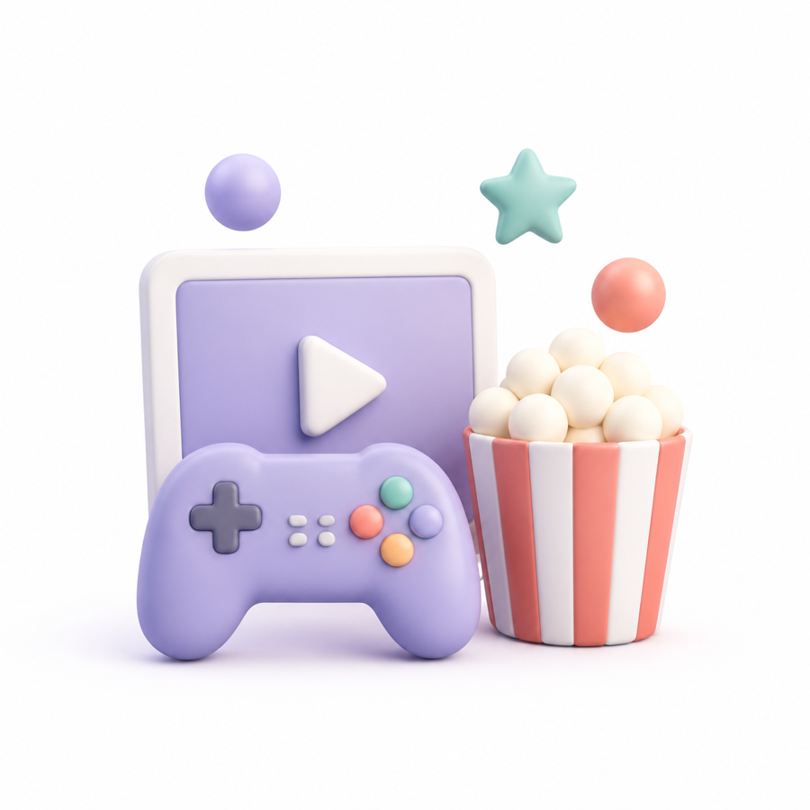 Gaming controller, play screen, and popcorn in a soft 3D style