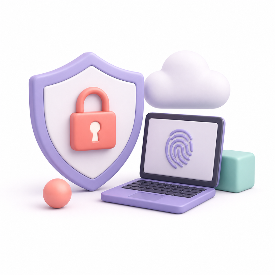 Shield, lock, laptop, and cloud in a soft 3D style
