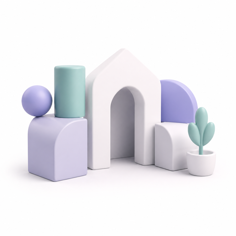 Architectural arch, geometric forms, and plant in a soft 3D style