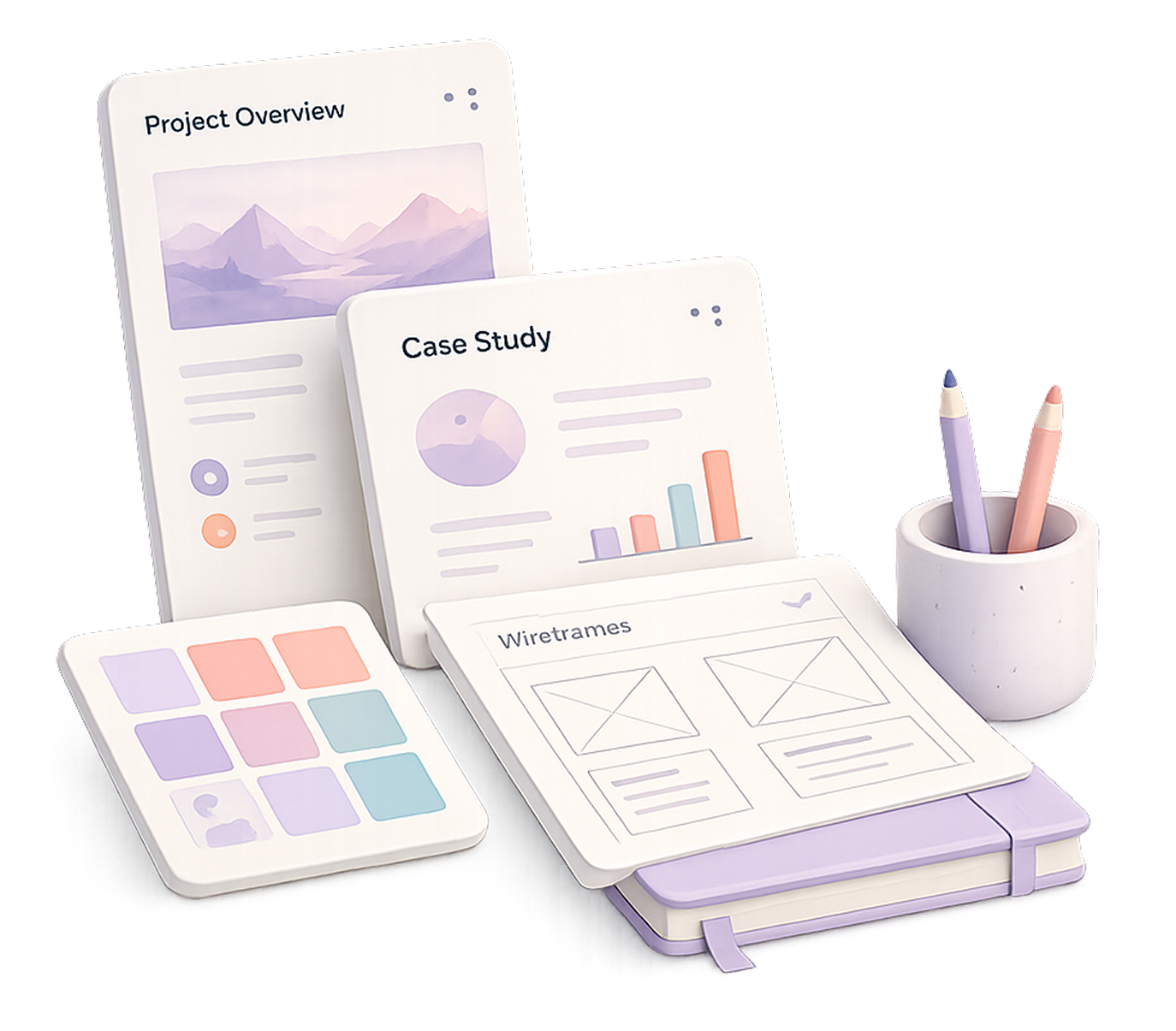 Project overview, case study, and wireframe design boards with a color palette and pencils