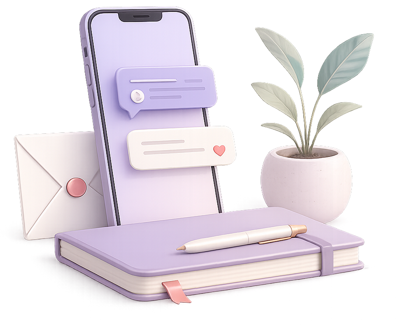 Phone, messages, envelope, notebook, and plant