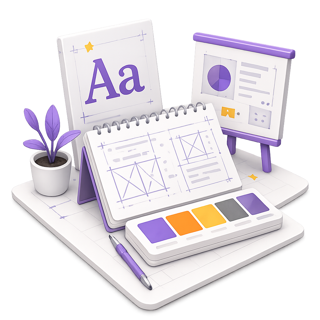 Design and visual communication tools including typography, wireframes, presentation boards, and a color palette