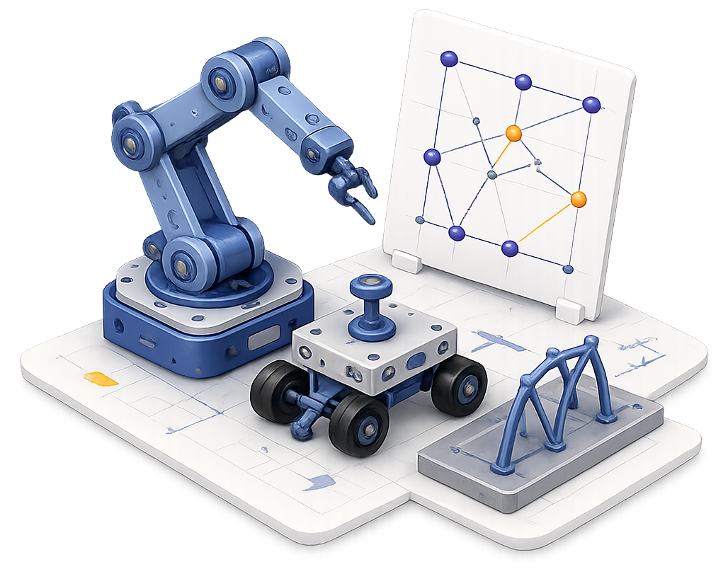 A robotic arm, rover, spatial structure, and connected learning diagram