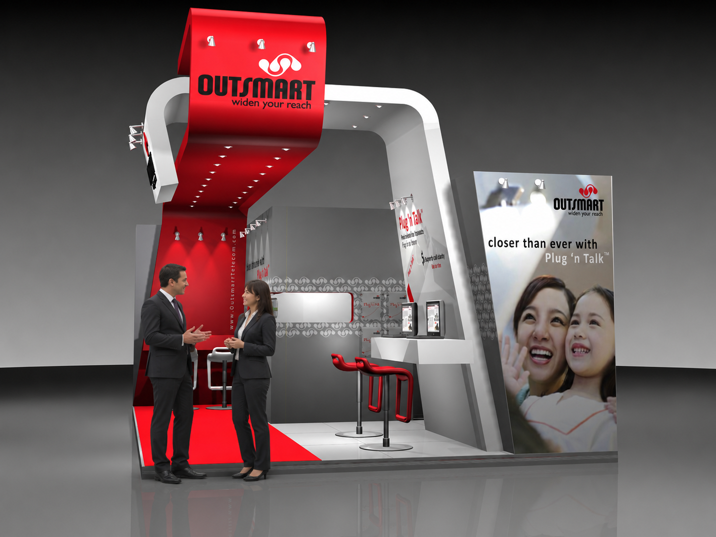 Outsmart exhibition view showing entry path, product graphics, display counters, touchscreens, and visitor scale