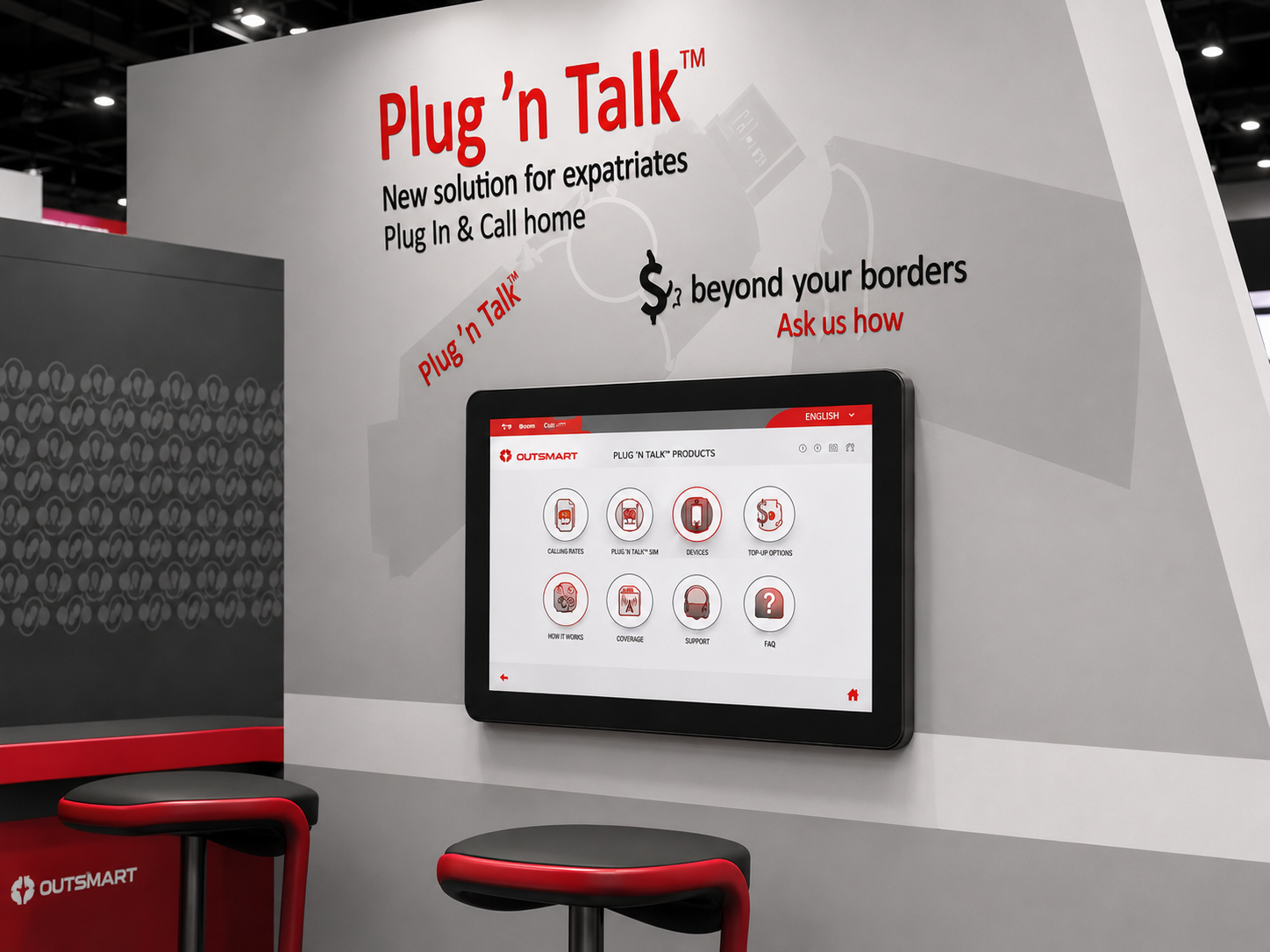 Outsmart exhibition side view showing product wall, digital screens, service counter, and seating
