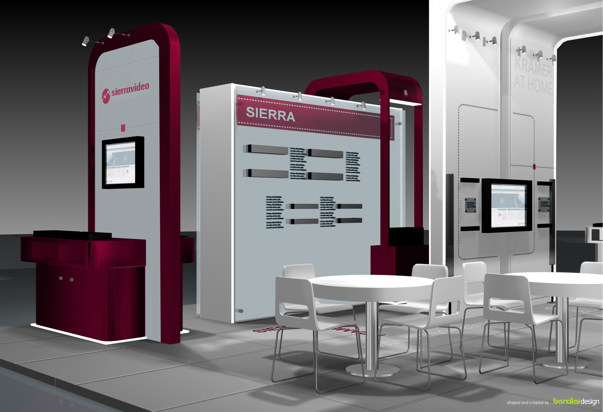 Kramer exhibition rendering showing product wall and digital display placement