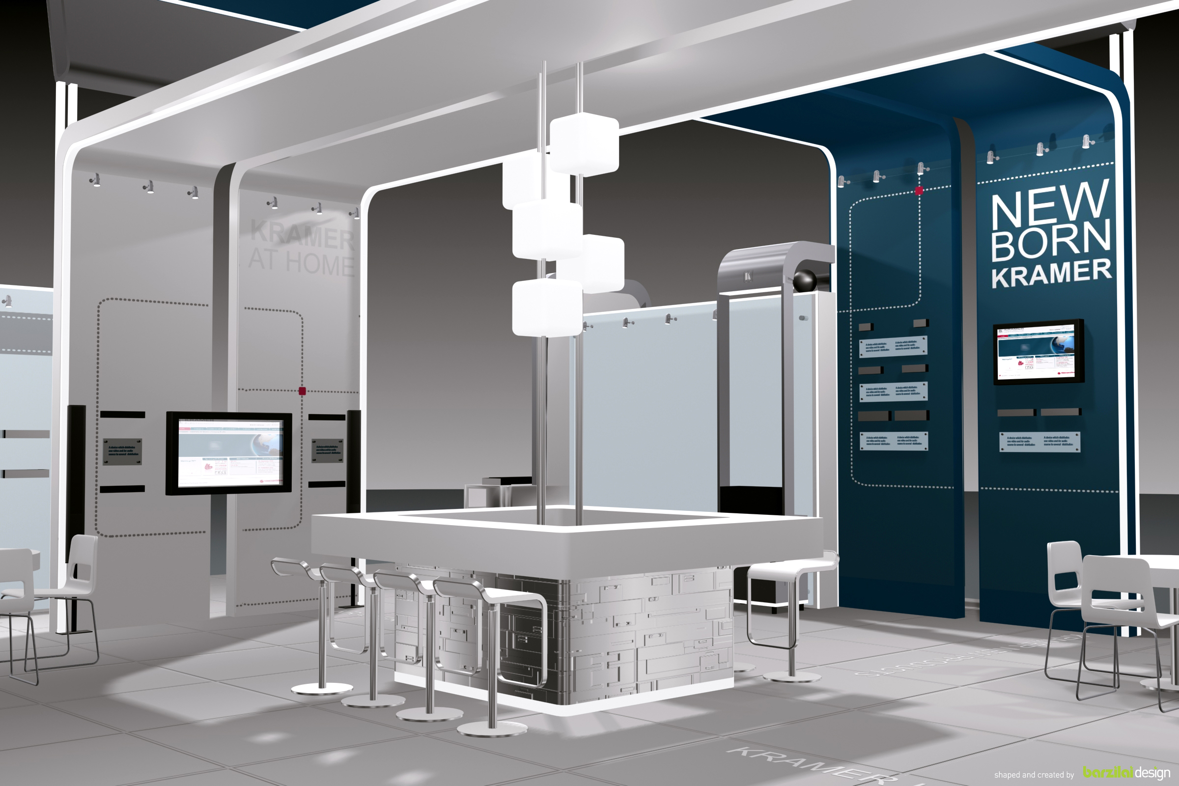 Kramer exhibition rendering showing side view of modular branded booth components