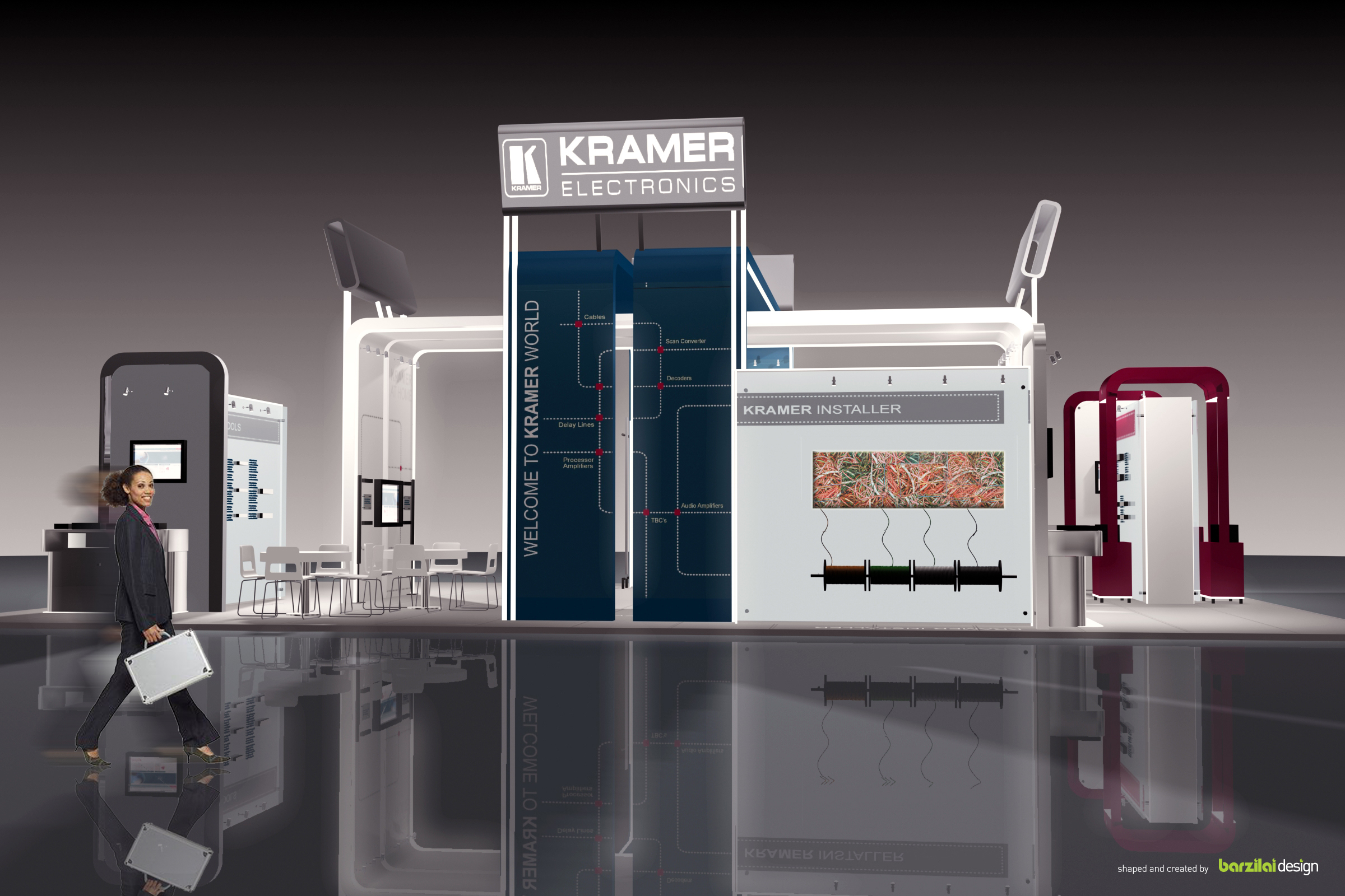 Kramer exhibition rendering showing product cabling display and branded zones