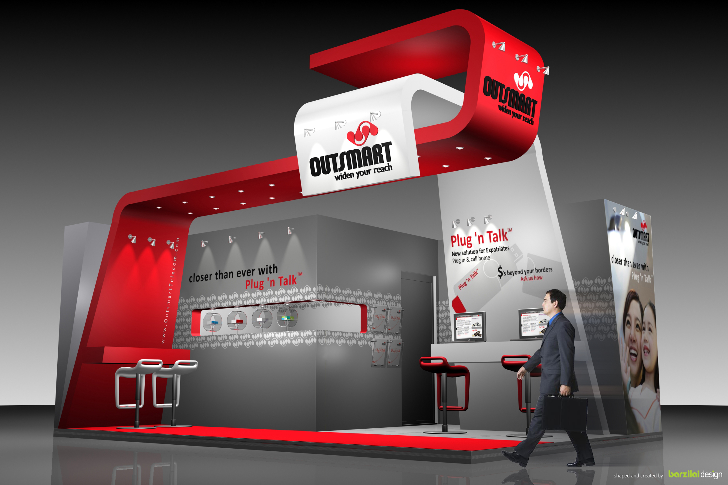 Outsmart exhibition rendering showing the full spatial structure, brand graphics, product displays, and kiosk counter
