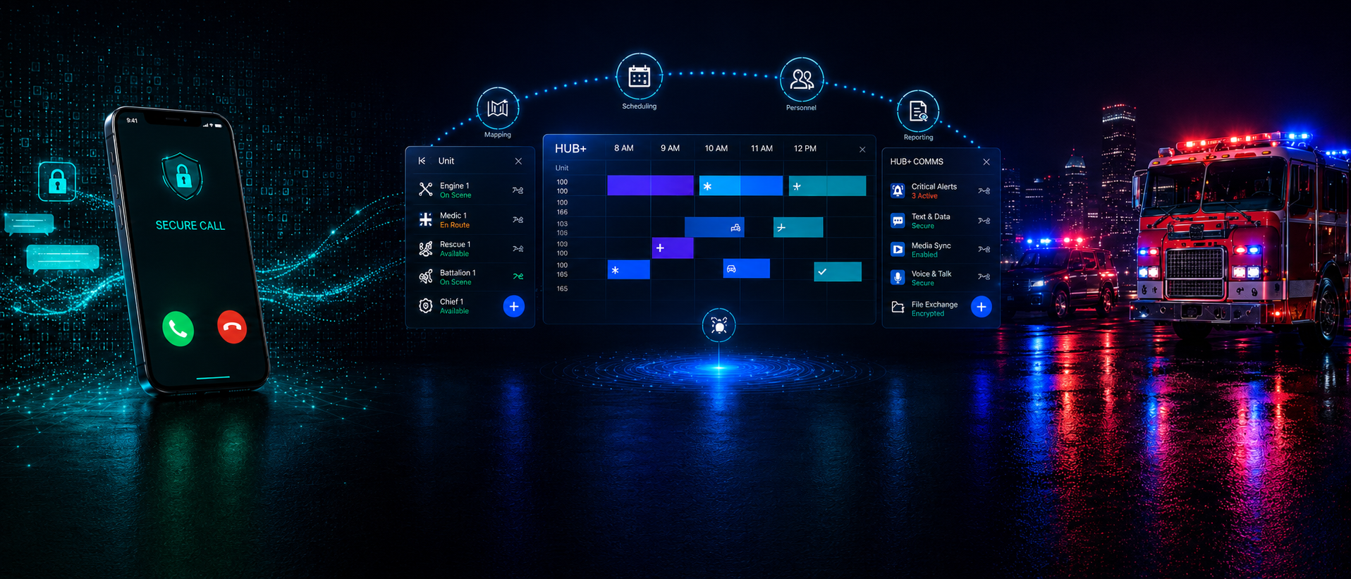 BlackBerry secure communication ecosystem moodboard with mobile call, emergency services, scheduling, reporting, and communication panels