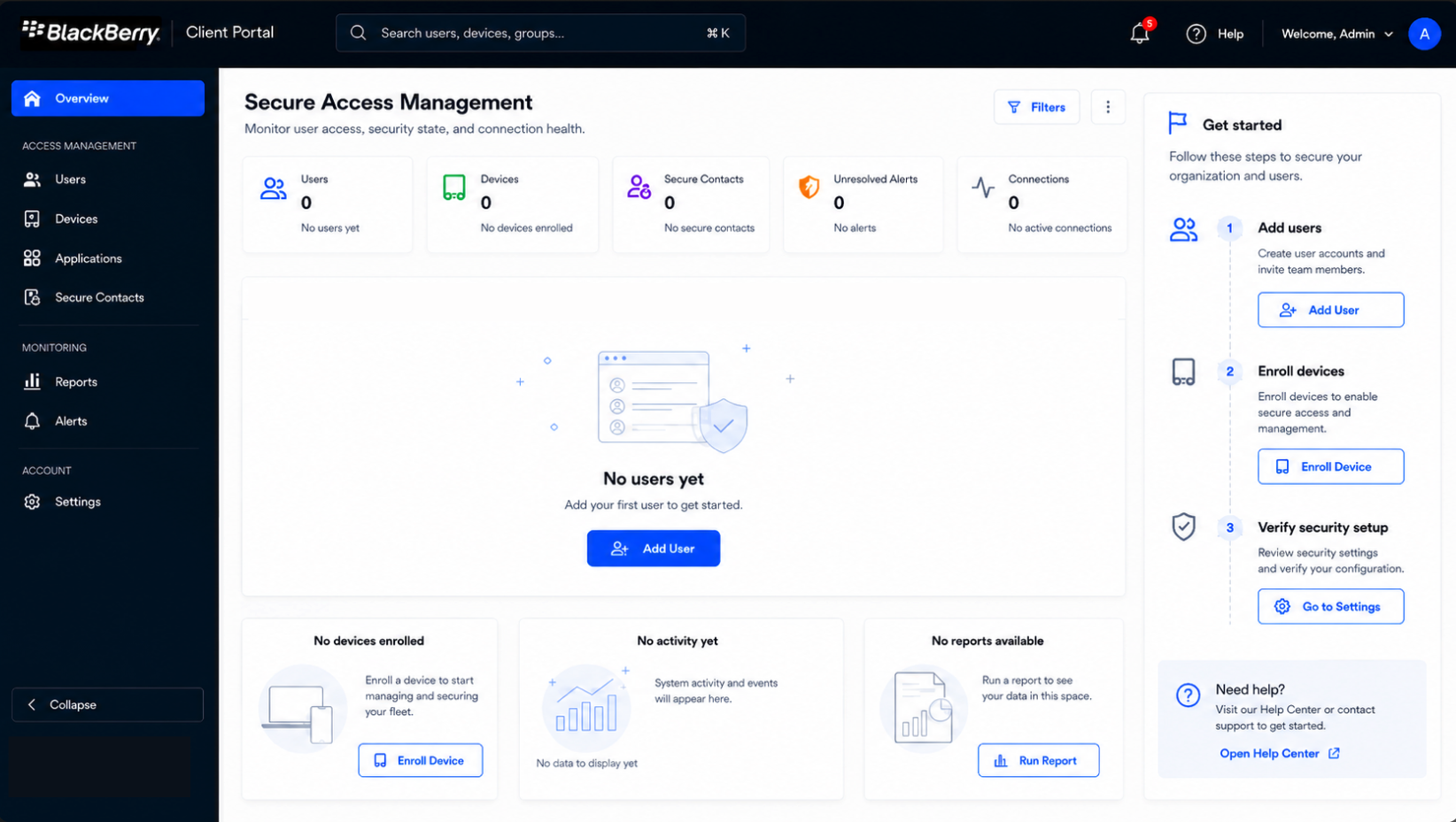 Desktop light theme empty states for no users, devices, activity, reports, messages, and search results