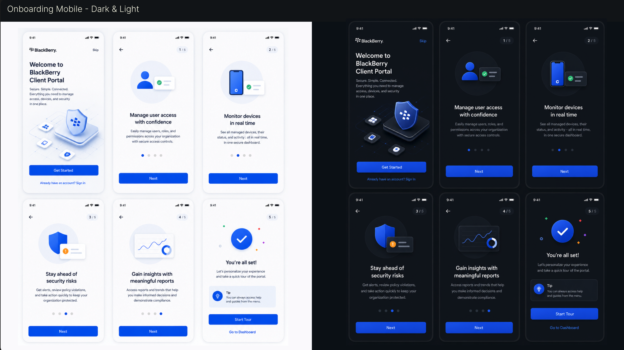 Mobile onboarding screens in light and dark themes for BlackBerry Client Portal