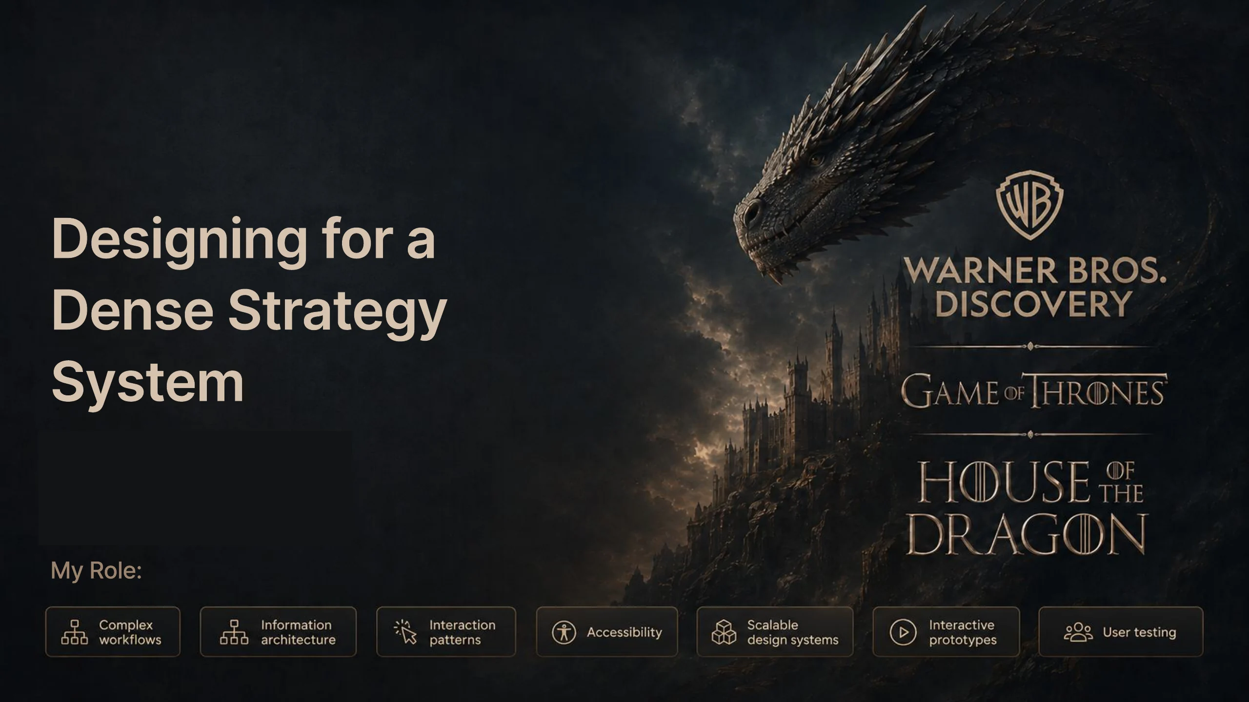 Cover slide: Designing for a Dense Strategy System by Victoria Panshin, with Warner Bros Discovery, Game of Thrones, and House of the Dragon branding and role highlights.