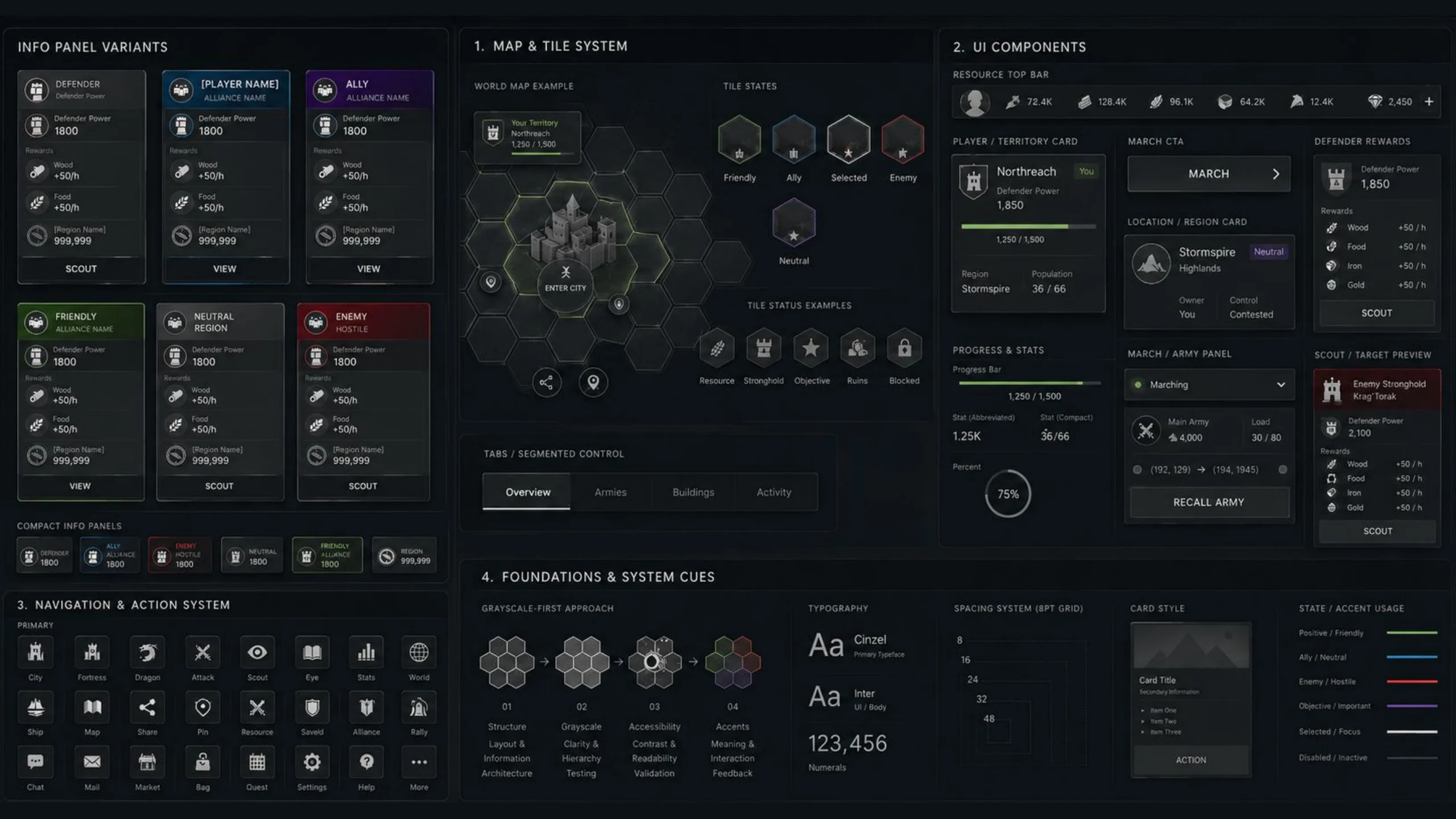 Grayscale design system and reusable HUD components
